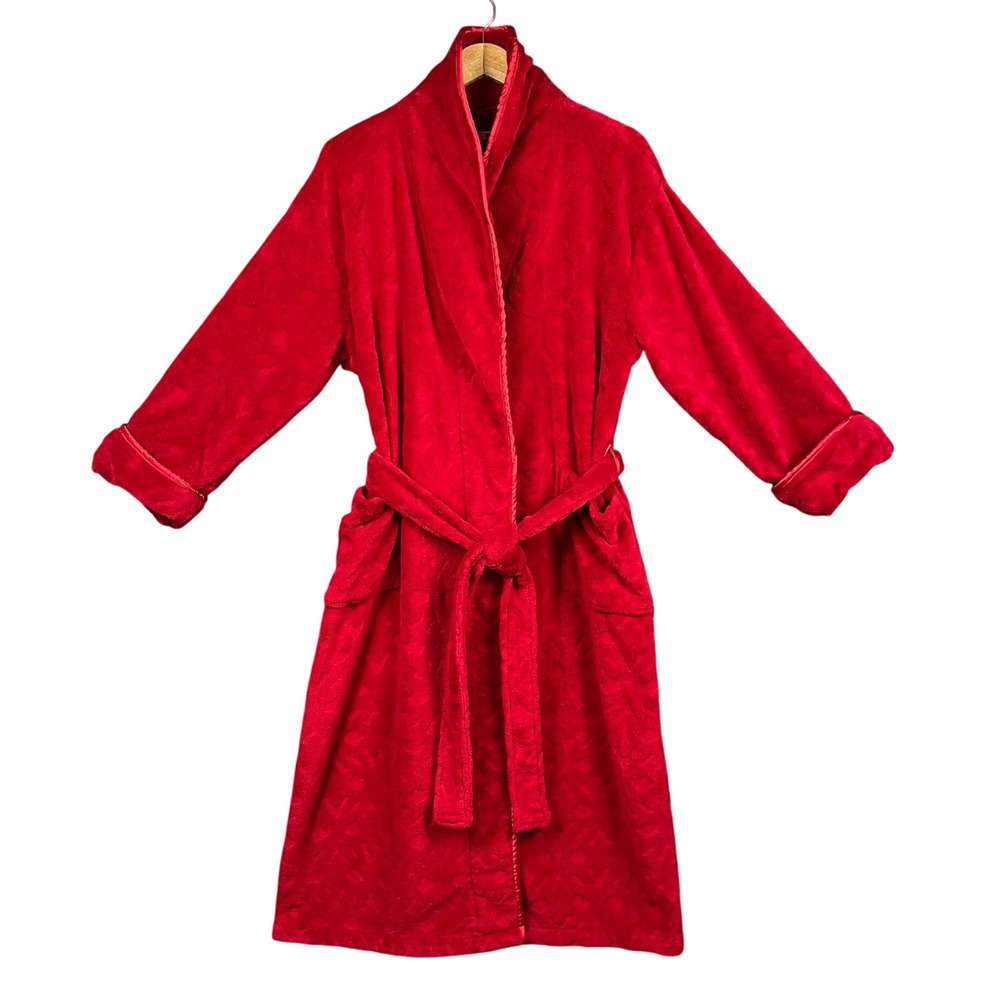 Natori Robe Womens L Red Fleece Plush Belted Cozy Pockets Hygge Lounge Holidays